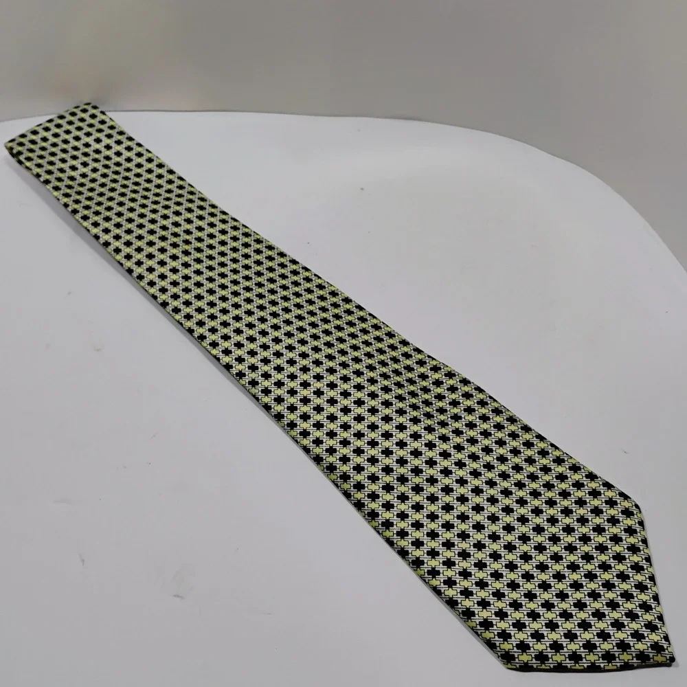 M.Antonioni Men's Neck Tied Silk Hand Made Italy Design Yellow Black Geometric